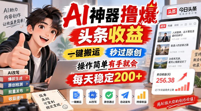 AI神器撸爆头条收益，一键搬运，秒过原创，操作简单有手就会，每天稳定200+【揭秘】-weichuangqy
