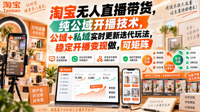 淘宝无人直播带货，纯公域开播技术，公域+私域实时更新迭代玩法，稳定开播变现做，可矩阵【揭秘】-weichuangqy
