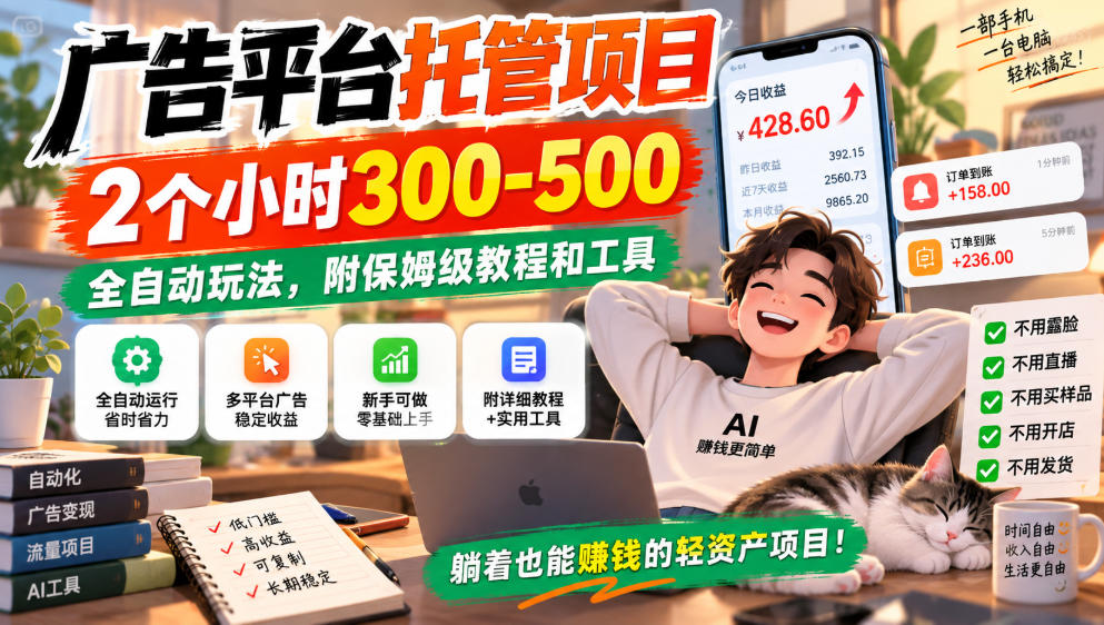广告平台托管项目，2个小时300-500，全自动玩法，附保姆级教程和工具，小白照着就能做【揭秘】-weichuangqy