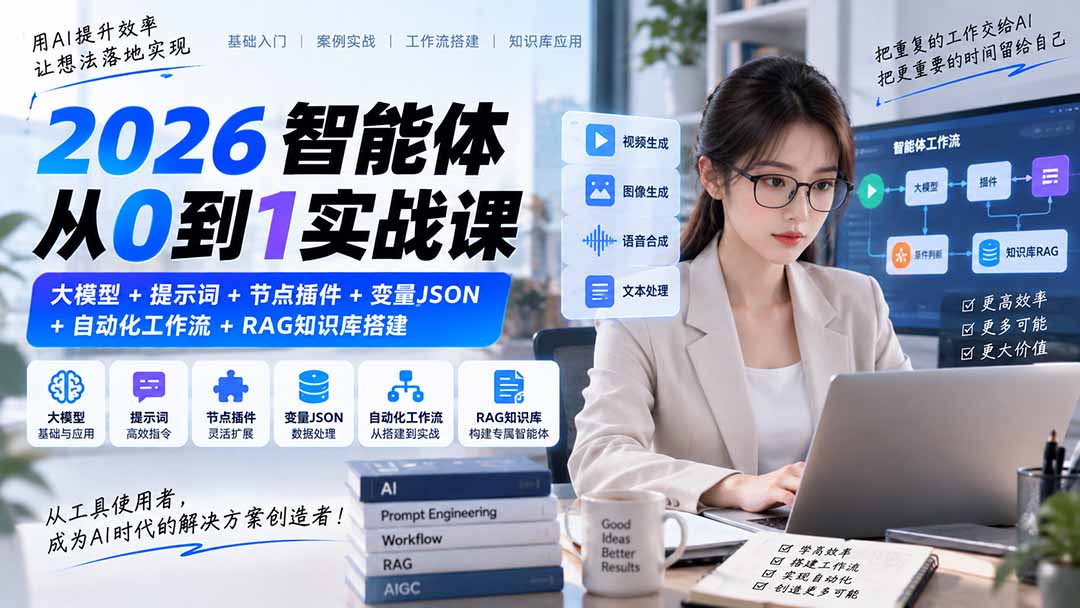 2026智能体从0到1实战课｜大模型+提示词+节点插件+变量JSON+自动化工作流+RAG知识库搭建-weichuangqy