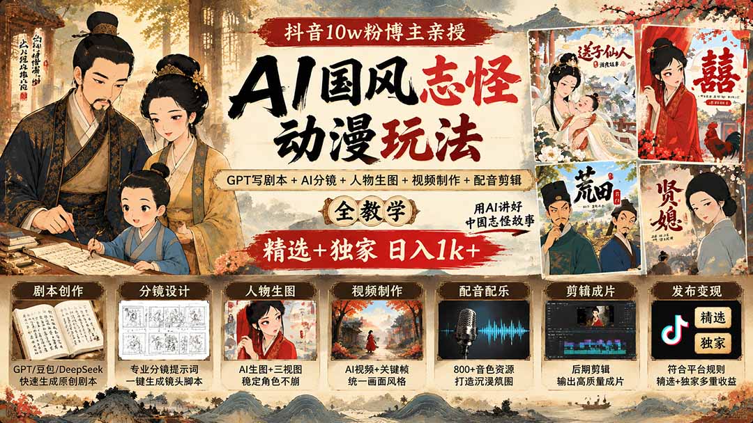 抖音10w粉博主亲授AI国风志怪动漫玩法｜GPT写剧本+AI分镜+人物生图+视频制作+配音剪辑全教学｜精选+独家日入1k+-weichuangqy