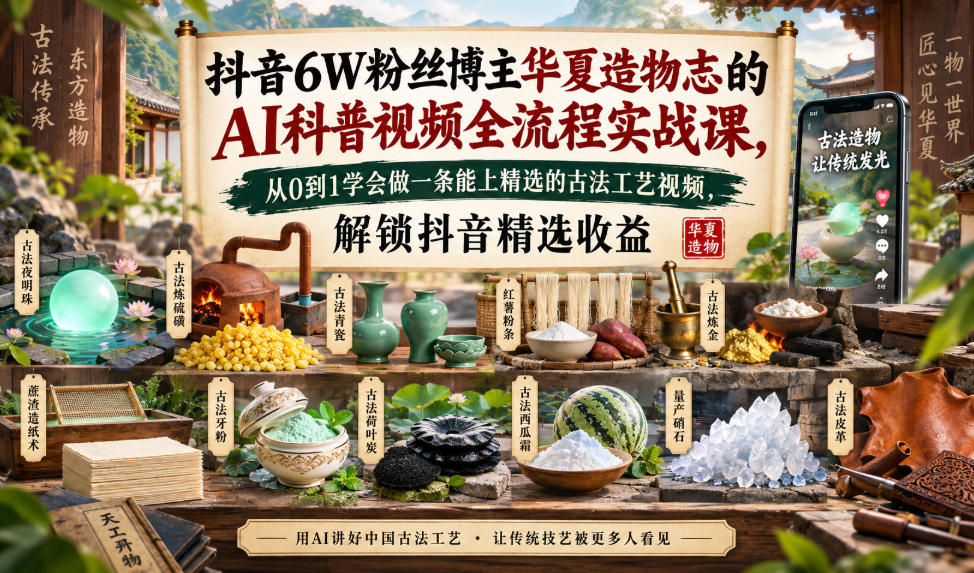 抖音6W粉丝博主华夏造物志的AI科普视频全流程实战课，从0到1学会做一条能上精选的古法工艺视频，解锁抖音精选收益-weichuangqy