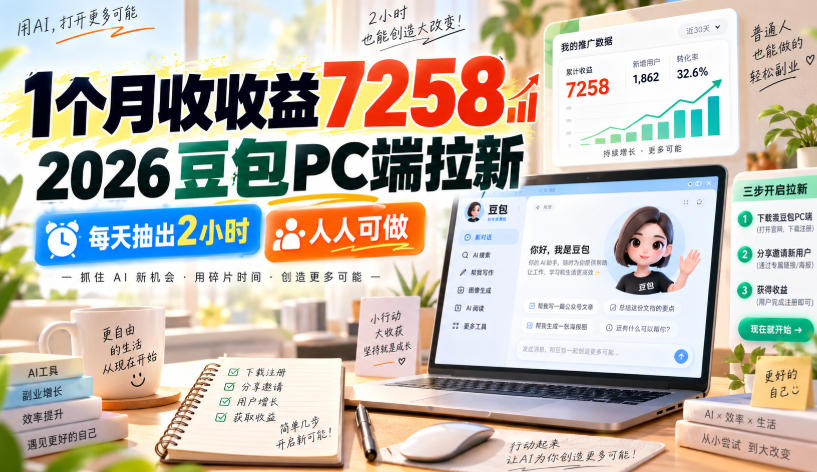 1个月收收益7258，2026豆包PC端拉新，每天抽出2小时，人人可做-weichuangqy