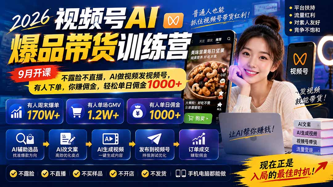 2026视频号AI爆品带货训练营-9月开课｜不露脸不直播，AI做视频发视频号，有人下单，你赚佣金，轻松单日佣金1000+-weichuangqy