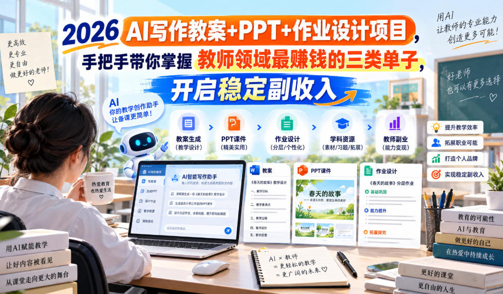 2026 AI写作教案+PPT+作业设计项目，手把手带你掌握教师领域最賺钱的三类单子，开启稳定副收入-weichuangqy