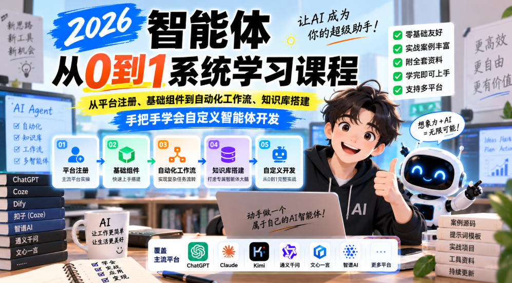 2026智能体从0到1系统学习课程，从平台注册、基础组件到自动化工作流、知识库搭建，手把手学会自定义智能体开发-weichuangqy