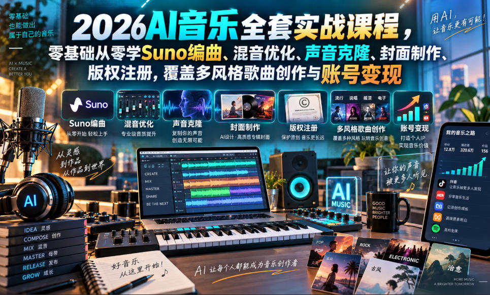 2026AI音乐实战课程，零基础从零学Suno编曲、混音优化、声音克隆、版权注册，覆盖多风格歌曲创作与账号变现-weichuangqy