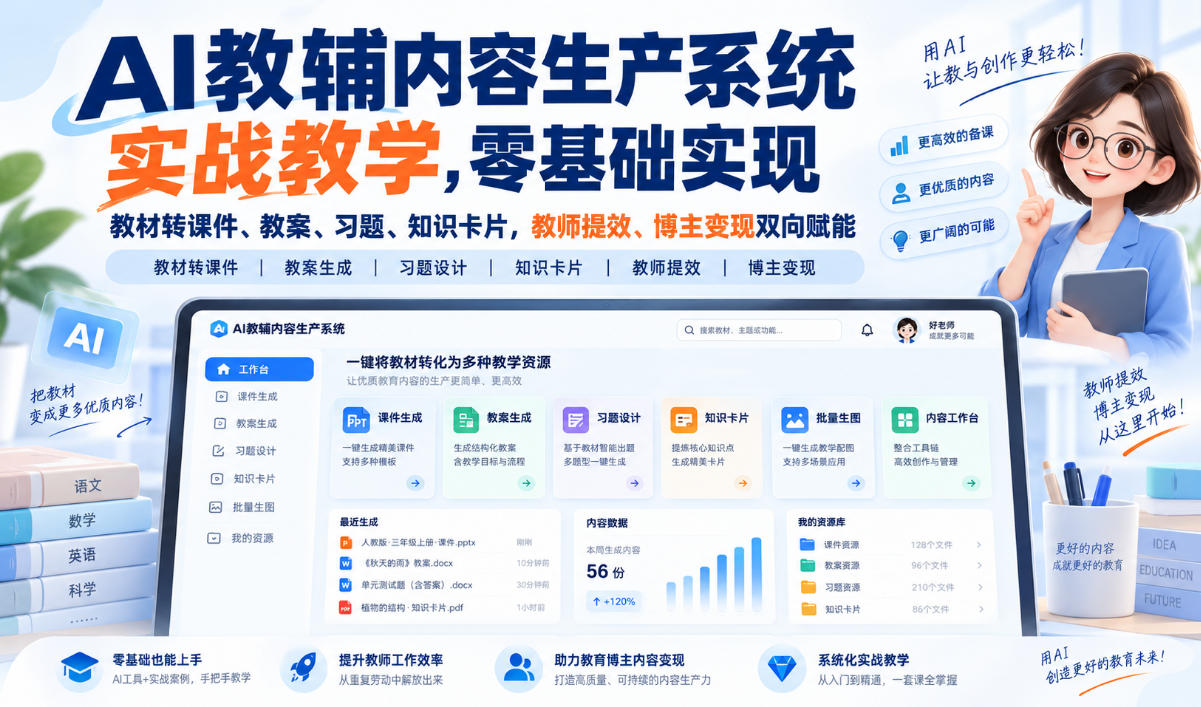 AI教辅内容生产系统实战教学，零基础实现教材转课件、教案、习题、知识卡片，教师提效、博主变现双向赋能-weichuangqy