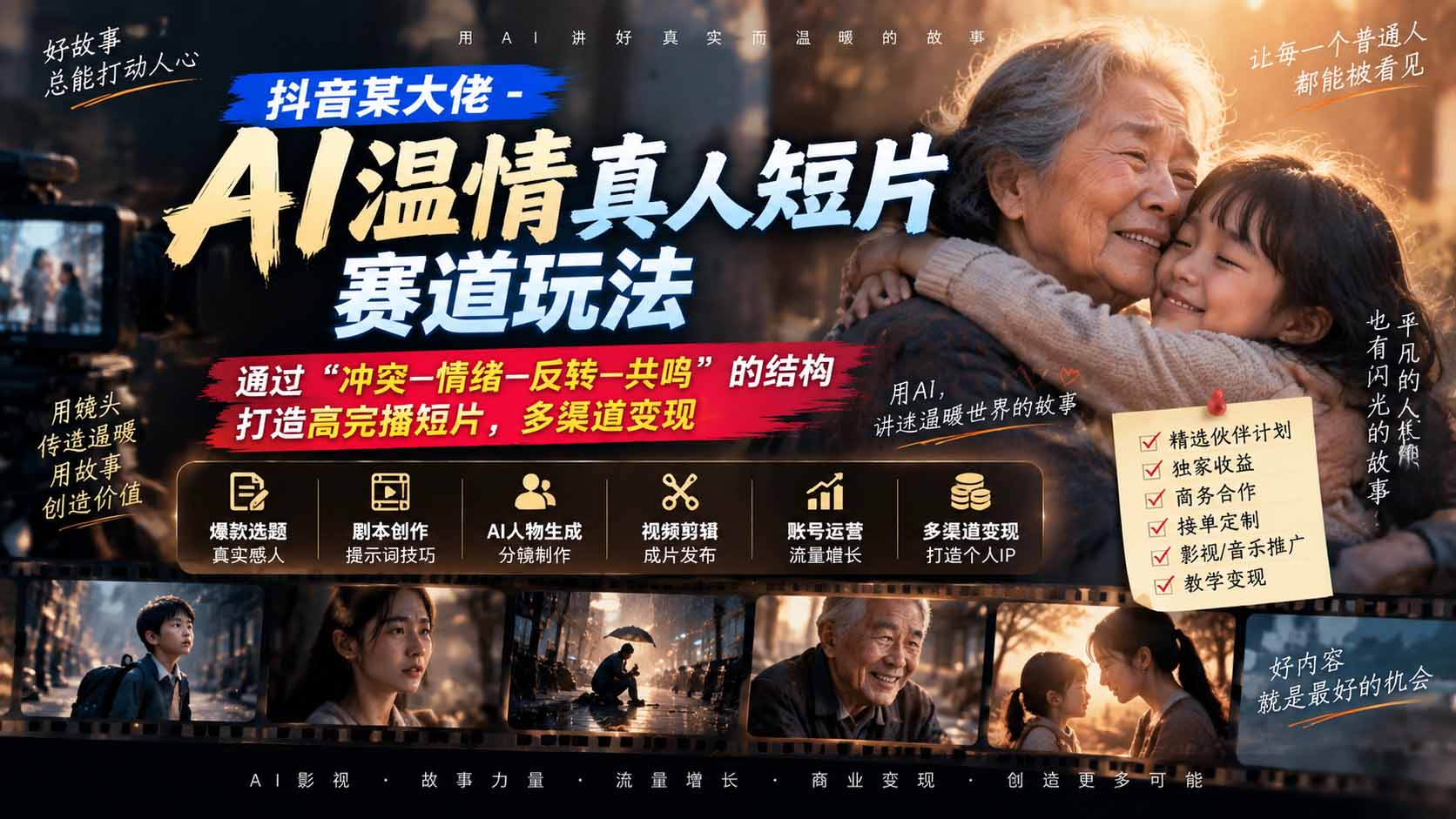 抖音某大佬-AI温情真人短片赛道玩法：通过“冲突—情绪—反转—共鸣”的结构打造高完播短片，多渠道变现-weichuangqy