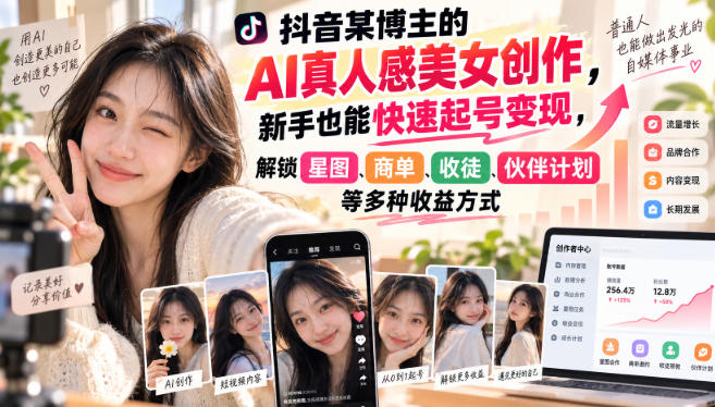 抖音某博主的AI真人感美女创作，新手也能快速起号变现，解锁星图，商单，收徒，伙伴计划等多种收益方式-weichuangqy