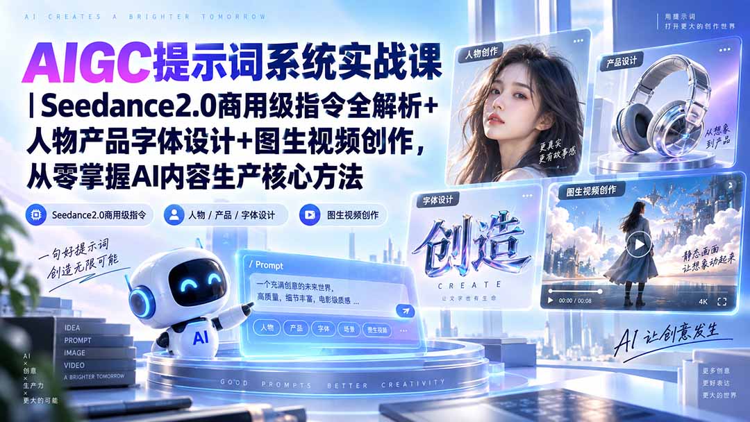 AIGC提示词系统实战课-无水印｜Seedance2.0商用级指令全解析+人物产品字体设计+图生视频创作，掌握AI内容生产方法-weichuangqy