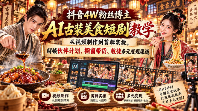 抖音4W粉丝博主AI古装美食短剧教学，从视频制作到剪辑实操，解锁伙伴计划、橱窗带货、收徒多元变现渠道-weichuangqy