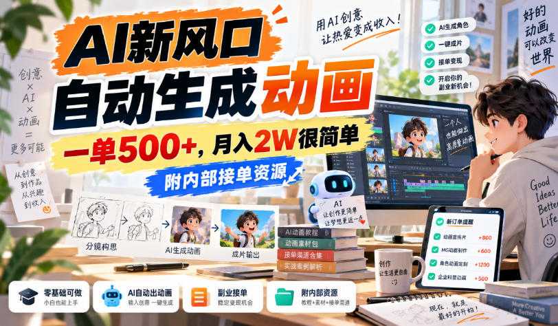 AI新风口，自动生成动画，一单500+，月入2W很简单，附内部接单资源【揭秘】-weichuangqy