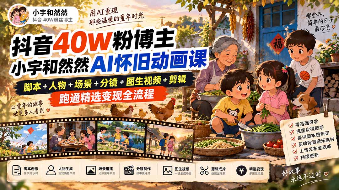 抖音40W粉博主小宇和然然AI怀旧动画课｜脚本+人物+场景+分镜+图生视频+剪辑，跑通精选变现全流程-weichuangqy
