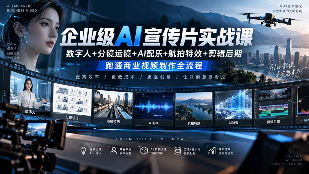 企业级AI宣传片实战课｜数字人+分镜运镜+AI配乐+航拍特效+剪辑后期，跑通商业视频制作全流程-weichuangqy