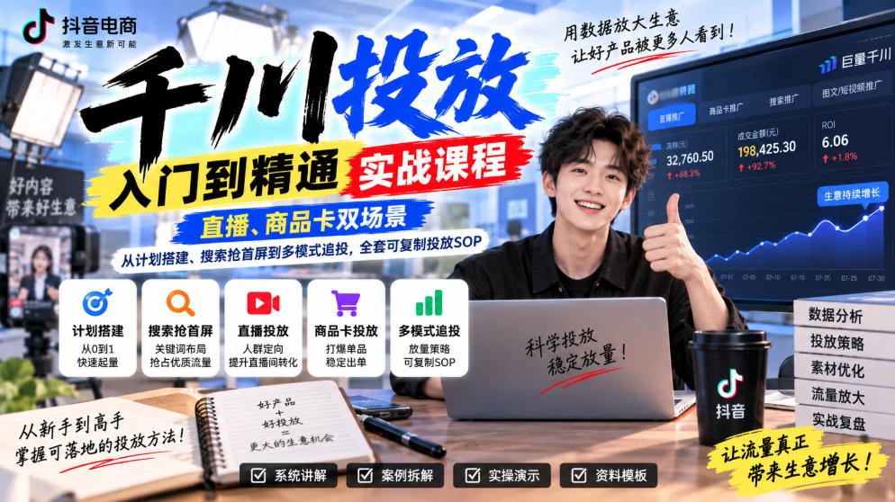 千川投放入门到精通实战课程，直播、商品卡双场景，从计划搭建、搜索抢首屏到多模式追投，全套可复制投放SOP-weichuangqy