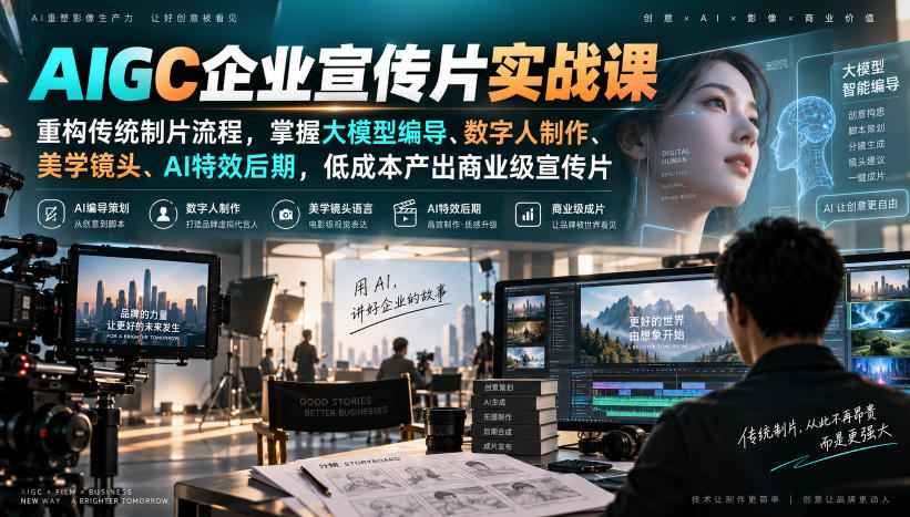 AIGC企业宣传片实战课，重构传统制片流程，掌握大模型编导、数字人制作、美学镜头、AI特效后期，低成本产出商业级宣传片-weichuangqy