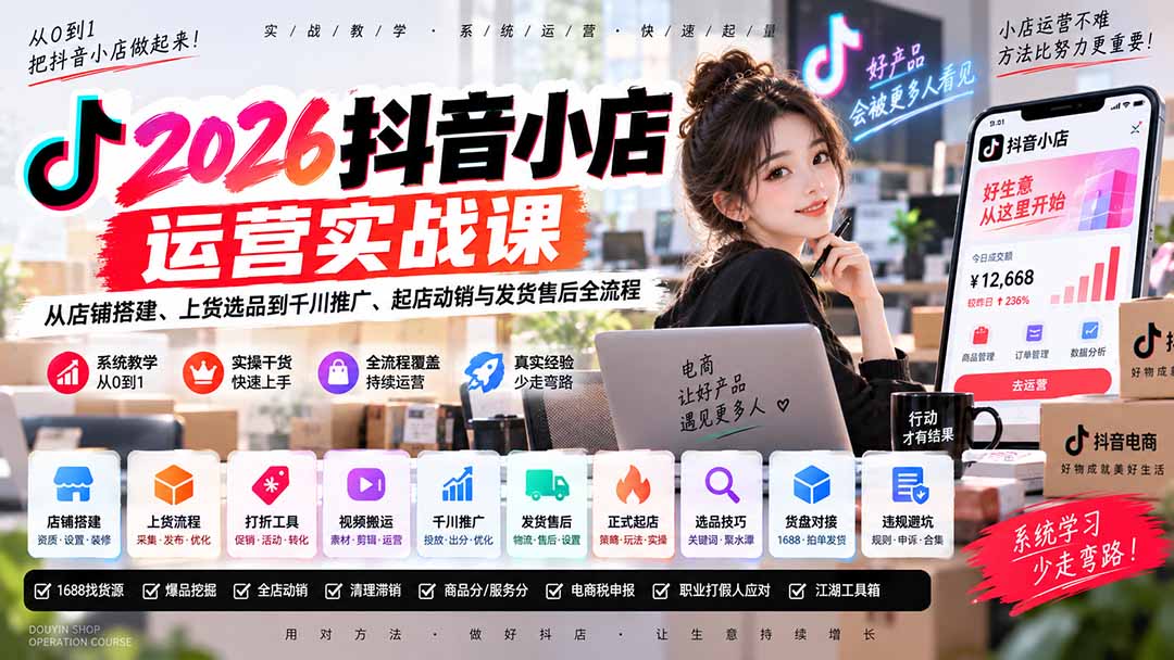 2026抖音小店运营实战课｜从店铺搭建、上货选品到千川推广、起店动销与发货售后全流程-weichuangqy