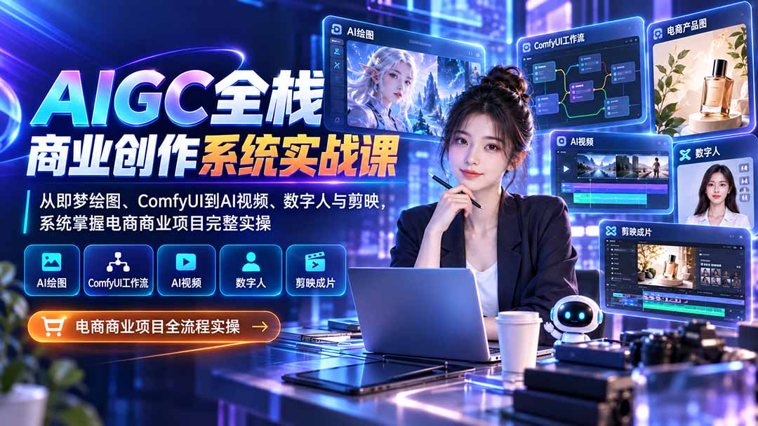 AIGC全栈商业创作系统实战课-无水印：从即梦绘图、ComfyUI到AI视频、数字人与剪映，系统掌握电商商业项目完整实操-weichuangqy