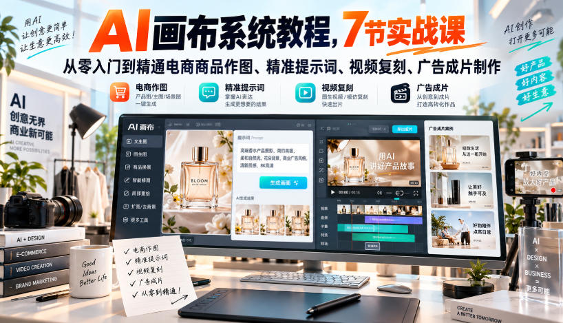 AI画布系统教程，7节实战课从零入门到精通电商商品作图、精准提示词、视频复刻、广告成片制作-weichuangqy