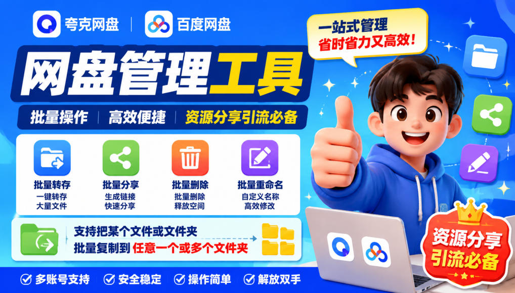 夸克网盘批量文件重命名，批量转存、批量分享、批量复制，内置AI功能-weichuangqy