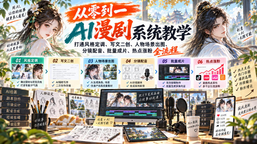 从零到一AI漫剧系统教学，打通风格定调、写文二创、人物场景出图、分镜配音、批量成片、热点涨粉全流程-weichuangqy