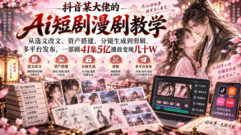 抖音某大佬的Ai短剧漫剧教学，从选文改文、资产搭建、分镜生成到剪辑、多平台发布，一部剧41集5亿播放变现几十W-weichuangqy