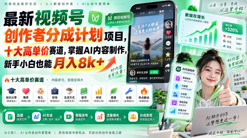 最新视频号创作者分成计划项目，十大高单价赛道，掌握AI内容制作，新手小白也能月入8k+-weichuangqy
