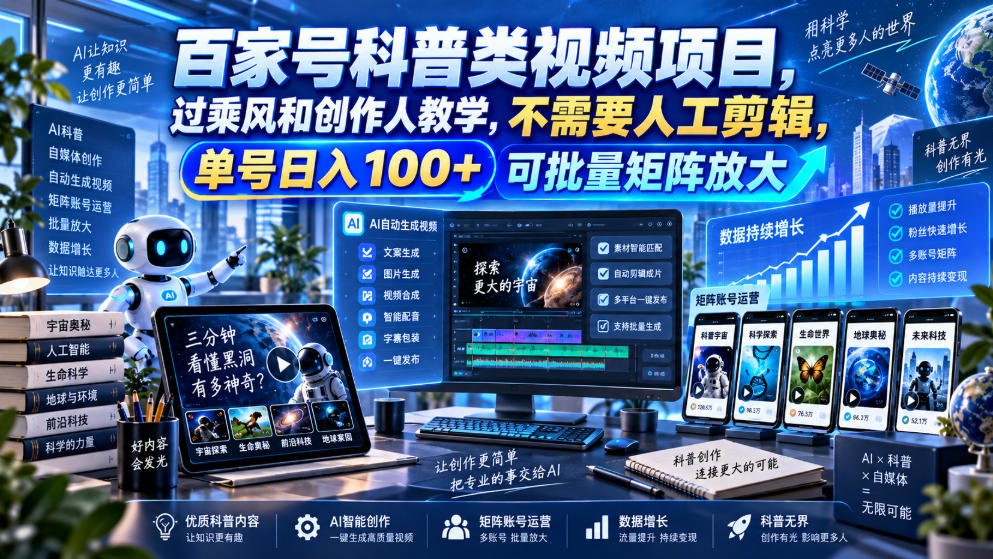 百家号科普类视频项目，过乘风和创作人教学，不需要人工剪辑，单号日入100+可批量矩阵放大-weichuangqy