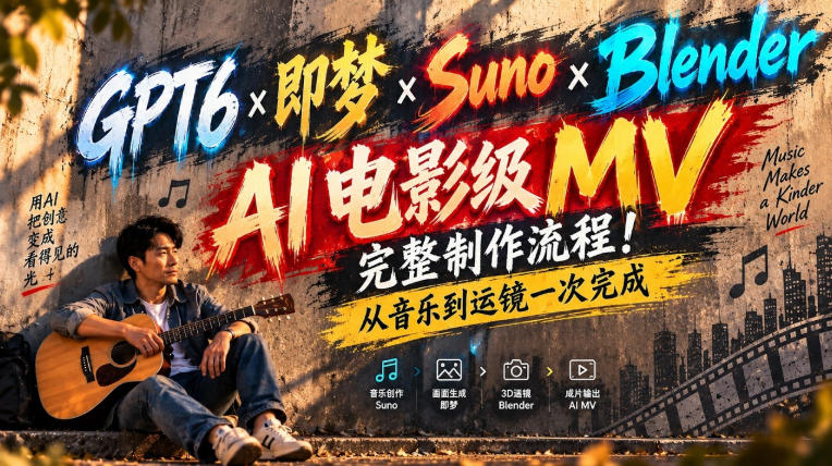 GPT6×即梦×Suno×Blender｜AI电影级MV完整制作流程！从音乐到运镜一次完成！-weichuangqy