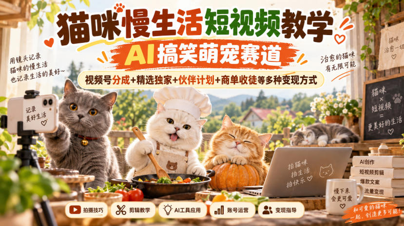 猫咪慢生活短视频教学，AI搞笑萌宠赛道，视频号分成+精选独家+伙伴计划+商单收徒等多种变现方式-weichuangqy
