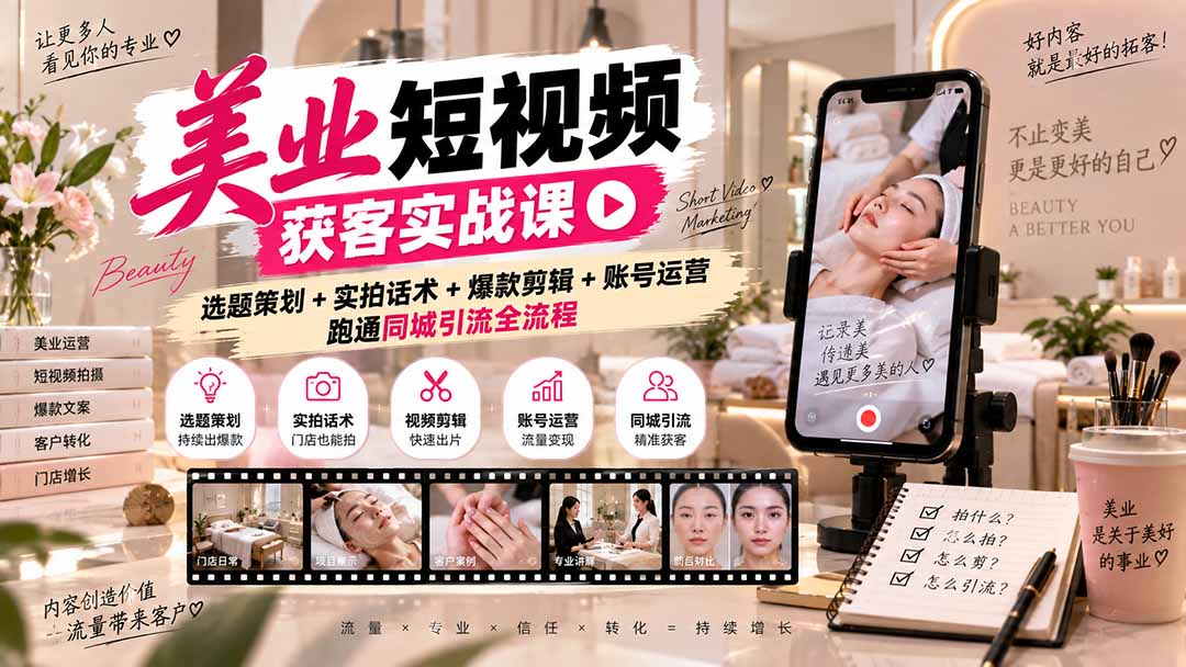 美业短视频获客实战课-无水印：选题策划+实拍话术+爆款剪辑+账号运营，跑通同城引流全流程-weichuangqy