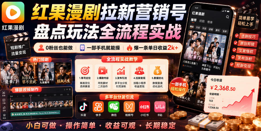 红果漫剧拉新营销号盘点玩法全流程实战，0粉丝也能做，一部手机就能做，爆一条单日收益2k+(更新0922)-weichuangqy