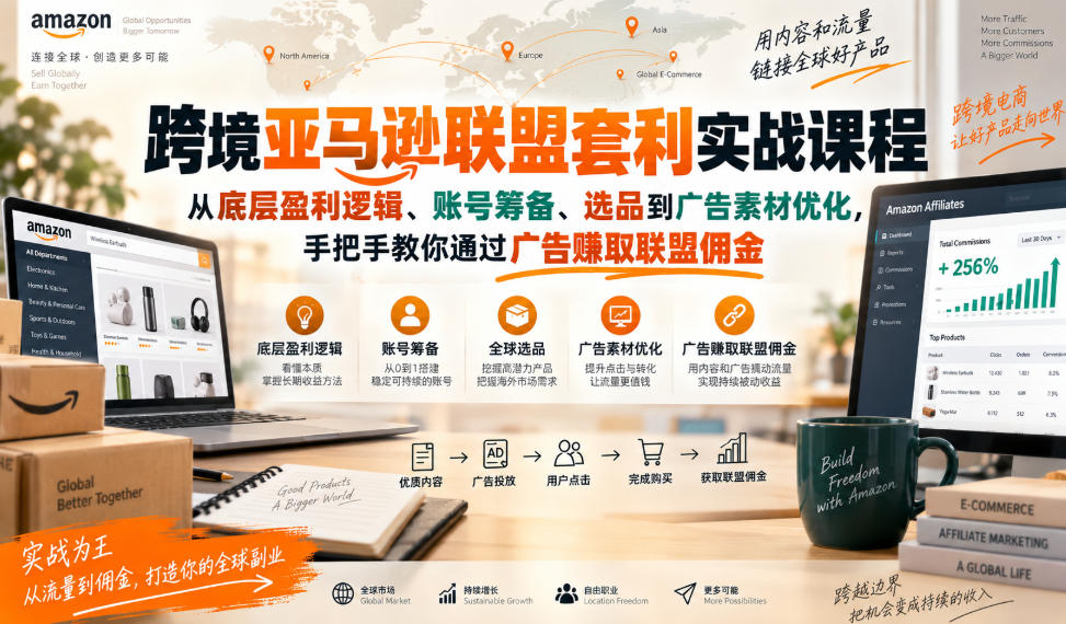 跨境亚马逊联盟套利实战课程,从底层盈利逻辑、账号筹备、选品到广告素材优化,手把手教你通过广告賺取联盟佣金