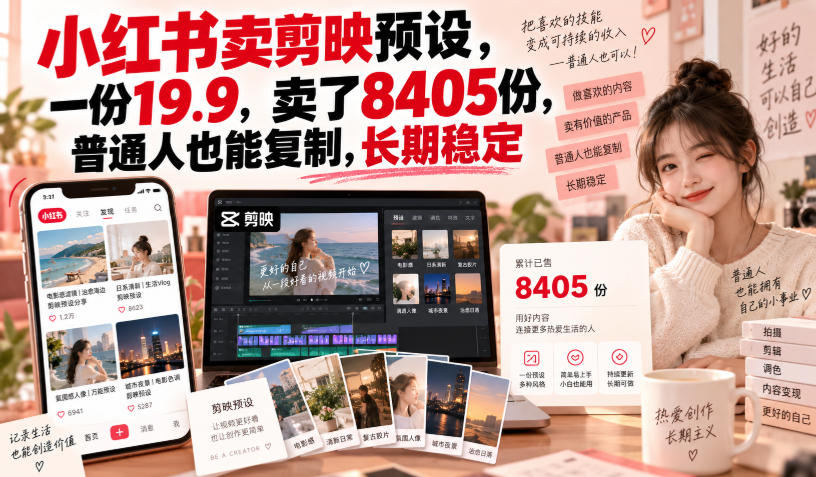 小红书卖剪映预设，一份19.9，卖了8405份，普通人也能复制，长期稳定-weichuangqy