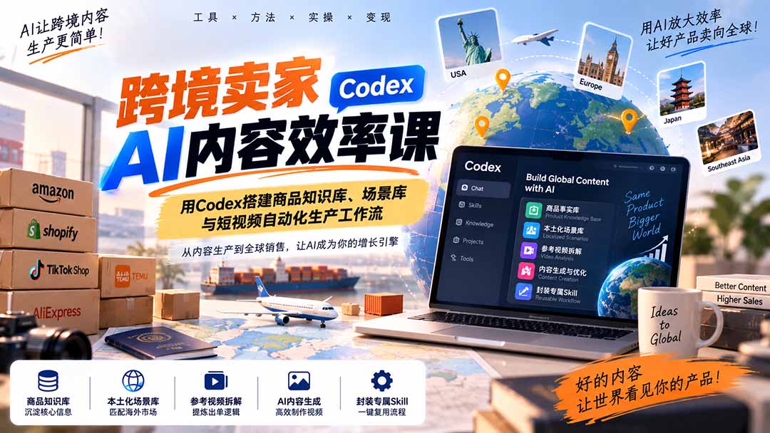 跨境卖家AI内容效率课：用Codex搭建商品知识库、场景库与短视频自动化生产工作流-weichuangqy