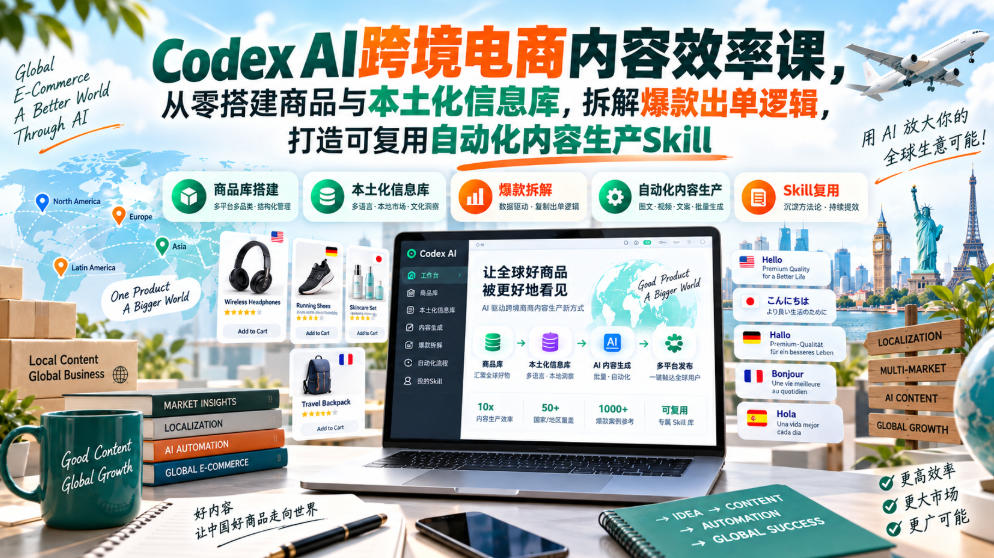 Codex AI跨境电商内容效率课，从零搭建商品与本土化信息库，拆解爆款出单逻辑，打造可复用自动化内容生产Skill-weichuangqy