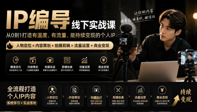 【无水印】IP编导线下实战课，从人物定位到短视频拍摄剪辑，全流程打造有温度、有流量、能持续变现的个人IP内容-weichuangqy