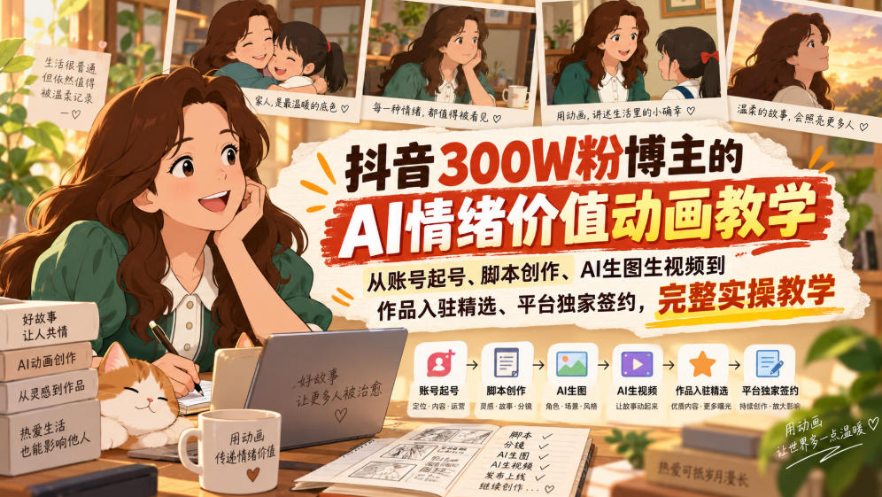 抖音300W粉博主的AI情绪价值动画教学，从账号起号、脚本创作、AI生图生视频到作品入驻精选、平台独家签约，完整实操-weichuangqy