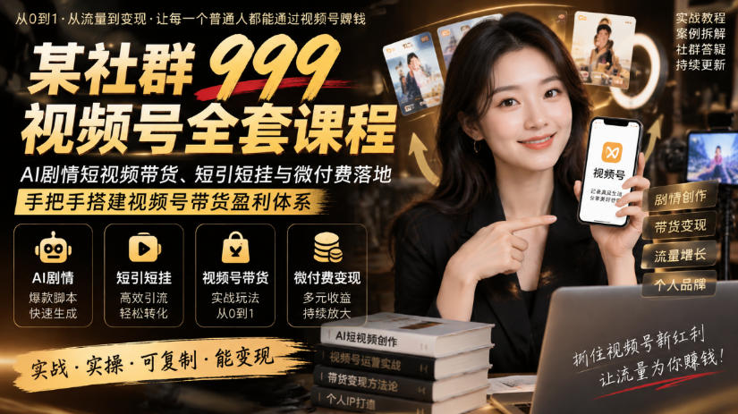 某社群999视频号全套课程，AI剧情短视频带货、短引短挂与微付费落地，手把手搭建视频号带货盈利体系-weichuangqy