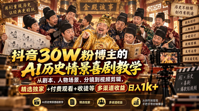 抖音30W粉博主的AI历史情景喜剧教学，从剧本、人物场景、分镜到视频剪辑，精选独家+付费观看+收徒等多渠道收益日入1k+-weichuangqy