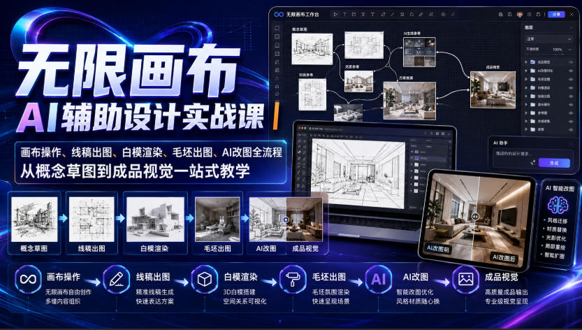 无限画布AI辅助设计实战课｜画布操作、线稿出图、白模渲染、毛坯出图、AI改图全流程，从概念草图到成品视觉一站式教学(更新0923)-weichuangqy