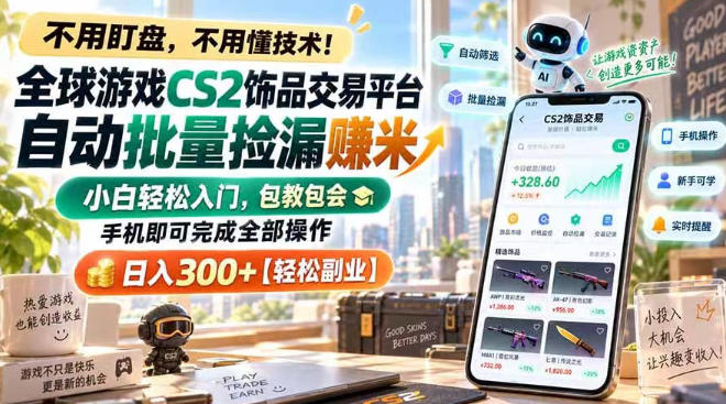 全球游戏CS2饰品交易平台自动批量捡漏賺米，小白轻松入门，包教包会，手机即可完成全部操作，日入300+【揭秘】-weichuangqy