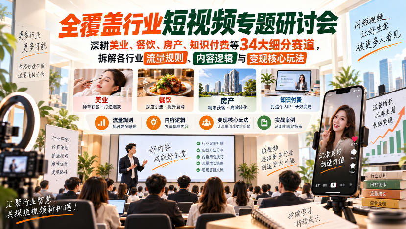 短视频专题研讨会，深耕美业、餐饮、房产、知识付费等34大细分赛道，拆解各行业流量规则、内容逻辑与变现核心玩法-weichuangqy