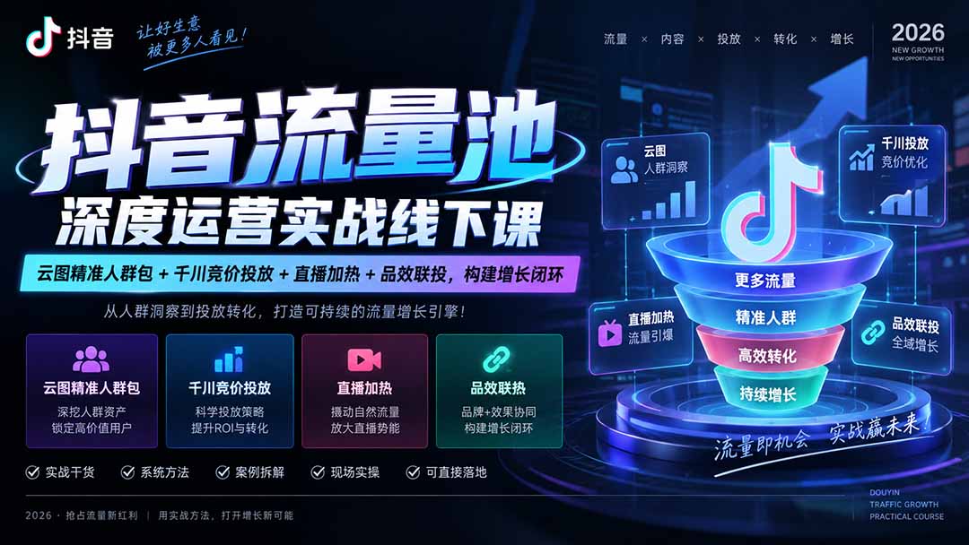 抖音流量池深度运营实战线下课｜云图精准人群包+千川竞价投放+直播加热+品效联投，构建增长闭环-weichuangqy