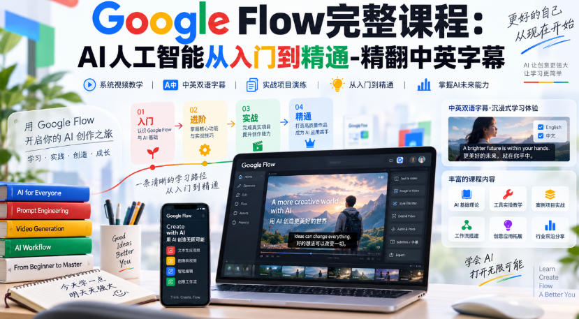 【无水印】Google Flow完整课程：AI人工智能从入门到精通-精翻中英字幕-weichuangqy