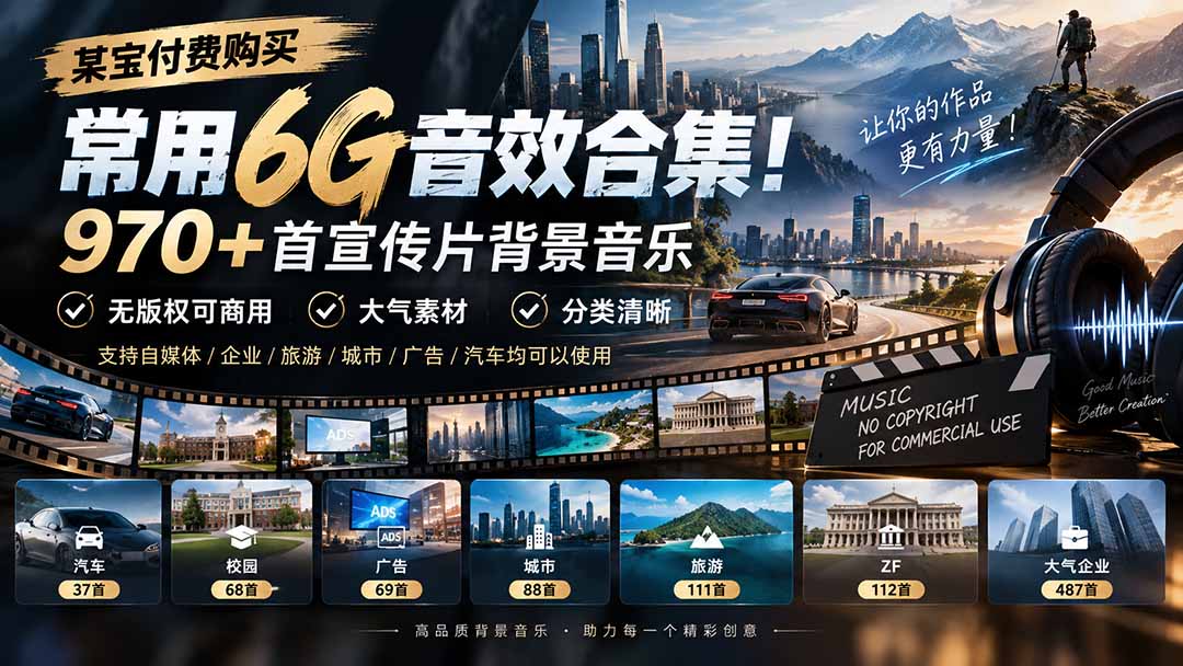 某宝付费购买，常用6G音效合集！970+首宣传片背景音乐，无版权可商用大气素材，分类清晰-weichuangqy