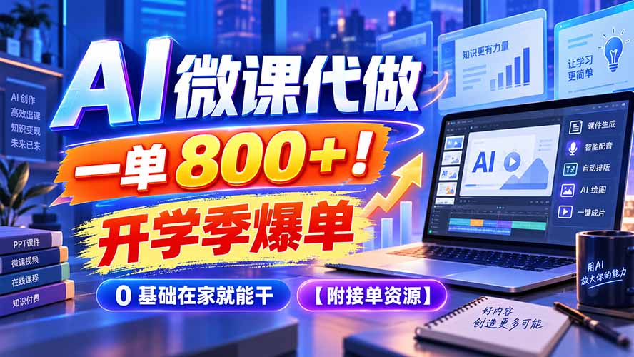AI 微课代做，一单 800+！开学季爆单，0 基础在家就能干【附接单资源】-weichuangqy