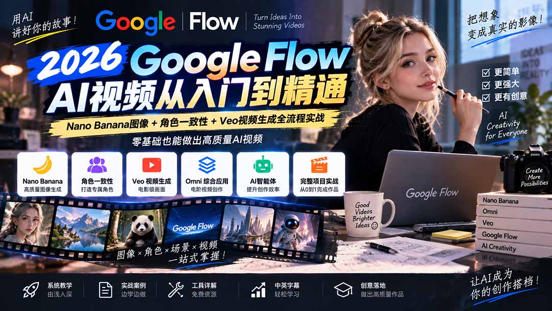 【无水印】Google Flow AI视频从入门到精通：Nano Banana图像+角色一致性+Veo视频生成全流程实战-精翻中英字幕-weichuangqy