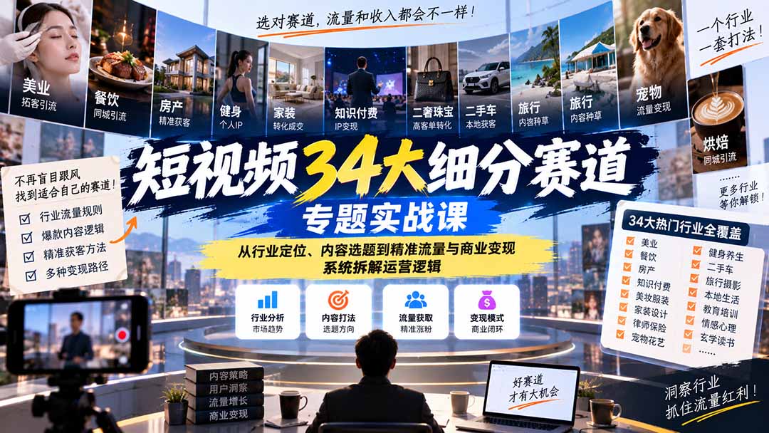 短视频34大细分赛道专题实战课：从行业定位、内容选题到精准流量与商业变现，系统拆解运营逻辑-weichuangqy